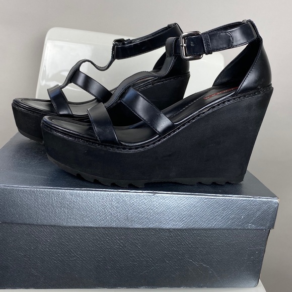 Prada Black Wedge Sandals Sz 38 - Picture 2 of 8